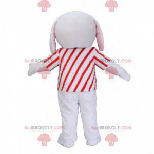 Grijze en witte puppy mascotte met een rode en witte outfit -