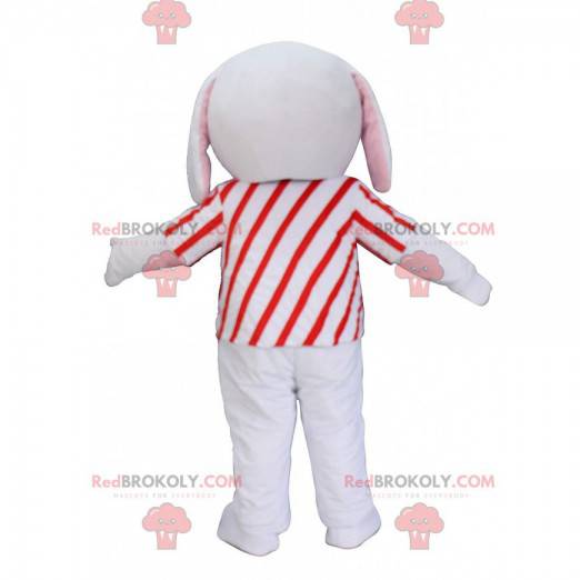 Grijze en witte puppy mascotte met een rode en witte outfit -