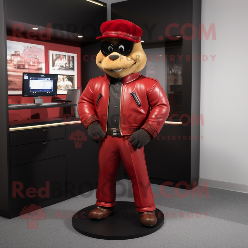 Red Attorney mascot costume character dressed with a Bomber Jacket and Belts