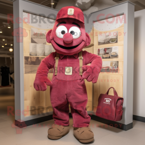 Maroon American Soldier mascot costume character dressed with a Dungarees and Tote bags