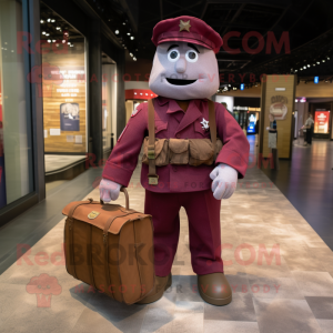 Maroon American Soldier mascot costume character dressed with a Dungarees and Tote bags