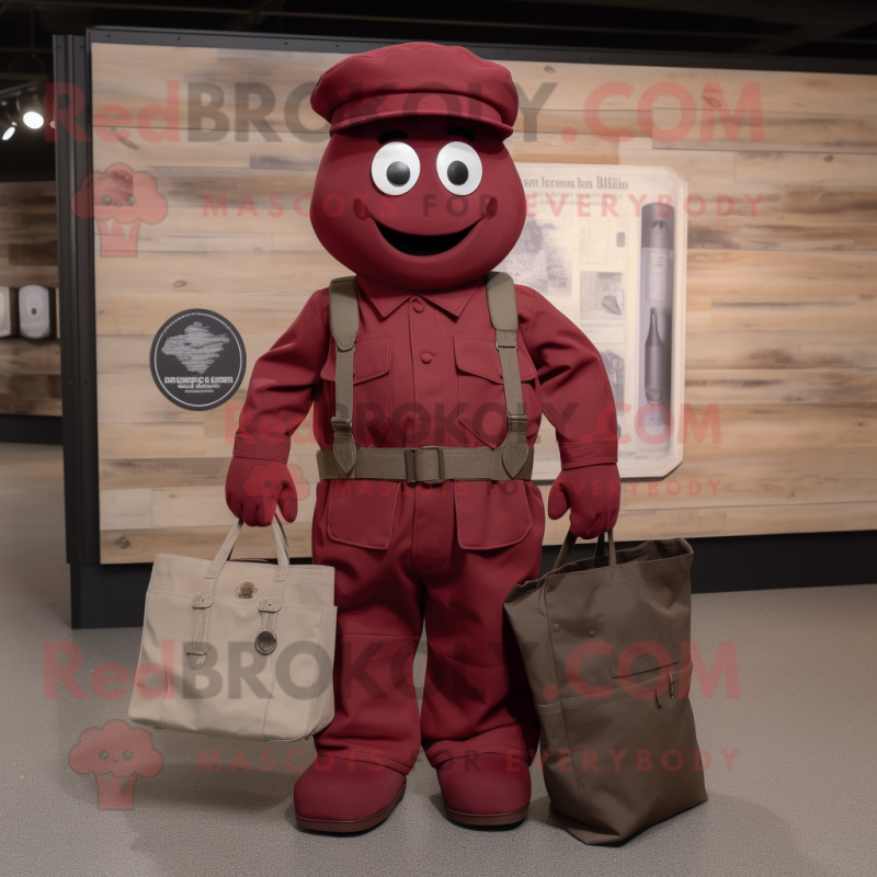 Maroon American Soldier mascot costume character dressed with a Dungarees and Tote bags