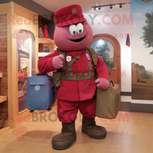 Maroon American Soldier mascot costume character dressed with a Dungarees and Tote bags