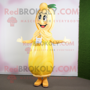 Peach Bottle Of Mustard mascot costume character dressed with a Evening Gown and Anklets