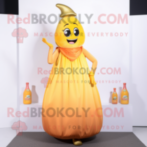 Peach Bottle Of Mustard mascot costume character dressed with a Evening Gown and Anklets