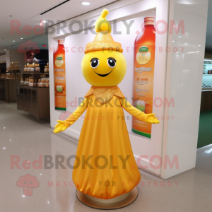 Peach Bottle Of Mustard mascot costume character dressed with a Evening Gown and Anklets