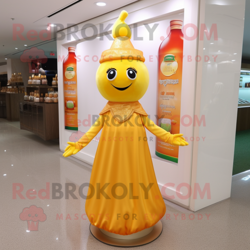 Peach Bottle Of Mustard mascot costume character dressed with a Evening Gown and Anklets Peach Bottle Of Mustard mascot costume character dressed with a Evening Gown and Anklets