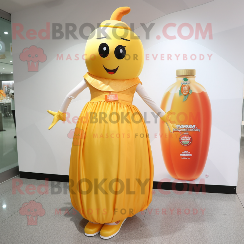 Peach Bottle Of Mustard mascot costume character dressed with a Evening Gown and Anklets