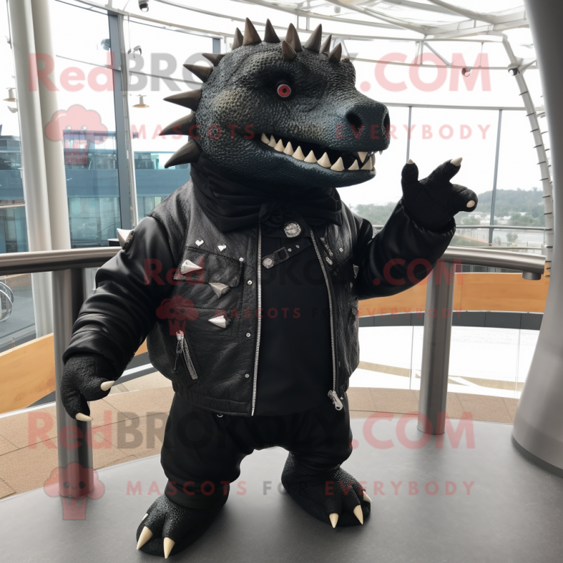 Black Ankylosaurus mascot costume character dressed with a Leather Jacket and Shawl pins