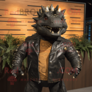 Black Ankylosaurus mascot costume character dressed with a Leather Jacket and Shawl pins