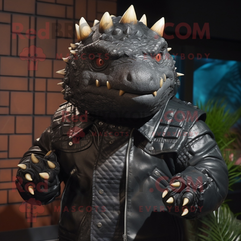 Black Ankylosaurus mascot costume character dressed with a Leather Jacket and Shawl pins