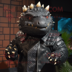 Black Ankylosaurus mascot costume character dressed with a Leather Jacket and Shawl pins