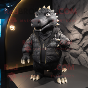 Black Ankylosaurus mascot costume character dressed with a Leather Jacket and Shawl pins