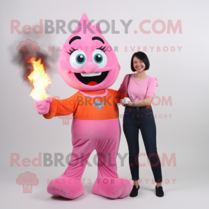 Pink Fire Eater mascot costume character dressed with a Mom Jeans and Scarf clips