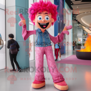 Pink Fire Eater mascot costume character dressed with a Mom Jeans and Scarf clips