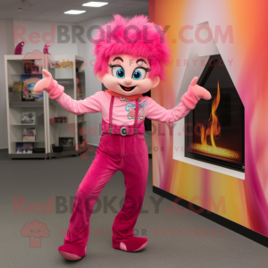 Pink Fire Eater mascot costume character dressed with a Mom Jeans and Scarf clips