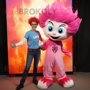 Pink Fire Eater mascot costume character dressed with a Mom Jeans and Scarf clips