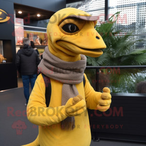 Yellow Deinonychus mascot costume character dressed with a Turtleneck and Beanies
