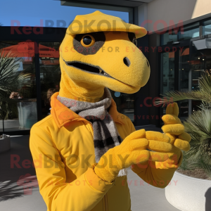 Yellow Deinonychus mascot costume character dressed with a Turtleneck and Beanies