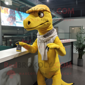 Yellow Deinonychus mascot costume character dressed with a Turtleneck and Beanies