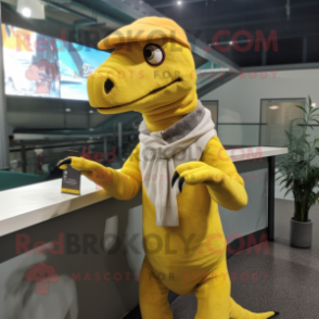 Yellow Deinonychus mascot costume character dressed with a Turtleneck and Beanies