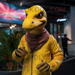 Yellow Deinonychus mascot costume character dressed with a Turtleneck and Beanies