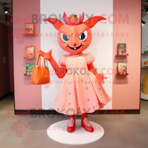 Peach Devil mascot costume character dressed with a Midi Dress and Tote bags