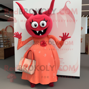 Peach Devil mascot costume character dressed with a Midi Dress and Tote bags