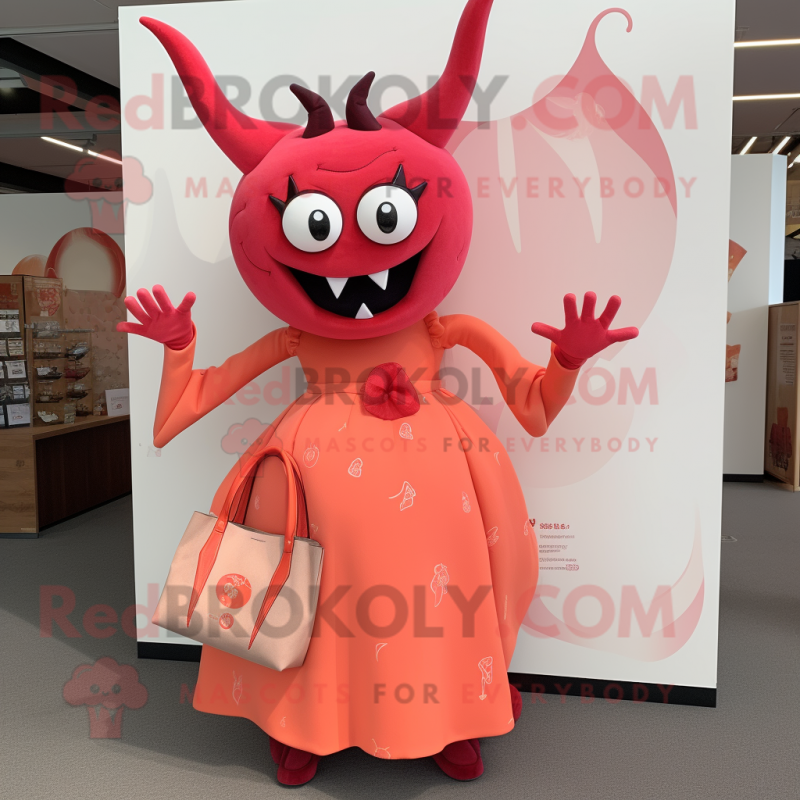 Peach Devil mascot costume character dressed with a Midi Dress and Tote bags Peach Devil mascot costume character dressed with a Midi Dress and Tote bags