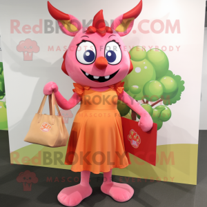 Peach Devil mascot costume character dressed with a Midi Dress and Tote bags