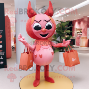 Peach Devil mascot costume character dressed with a Midi Dress and Tote bags