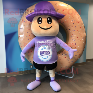 Lavender Donut mascot costume character dressed with a Board Shorts and Hat pins