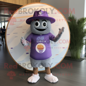 Lavender Donut mascot costume character dressed with a Board Shorts and Hat pins