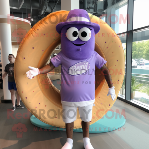 Lavender Donut mascot costume character dressed with a Board Shorts and Hat pins