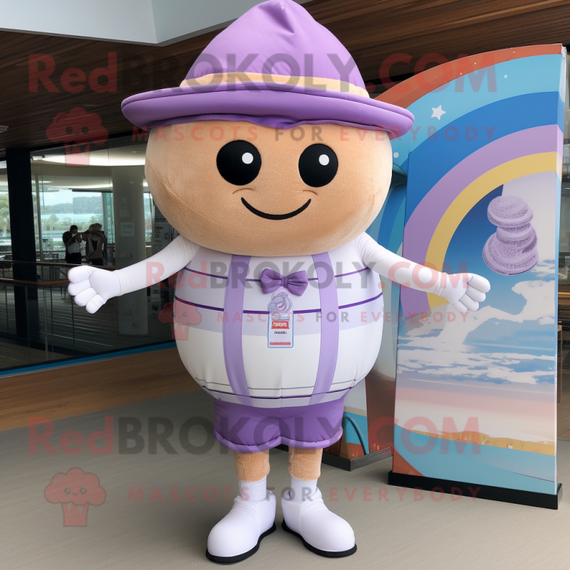 Lavender Donut mascot costume character dressed with a Board Shorts and Hat pins