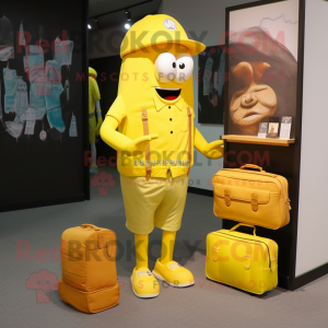 Lemon Yellow Chief mascot costume character dressed with a Cargo Shorts and Clutch bags