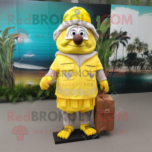 Lemon Yellow Chief mascot costume character dressed with a Cargo Shorts and Clutch bags