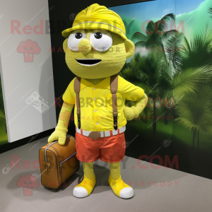Lemon Yellow Chief mascot costume character dressed with a Cargo Shorts and Clutch bags