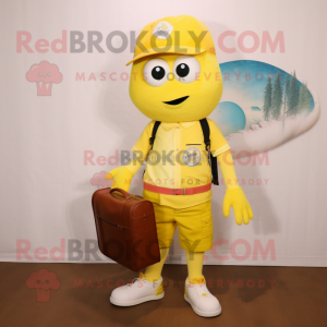 Lemon Yellow Chief mascot costume character dressed with a Cargo Shorts and Clutch bags