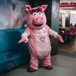 Pink Steak mascot costume character dressed with a Jeans and Wraps