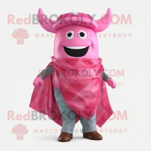 Pink Steak mascot costume character dressed with a Jeans and Wraps