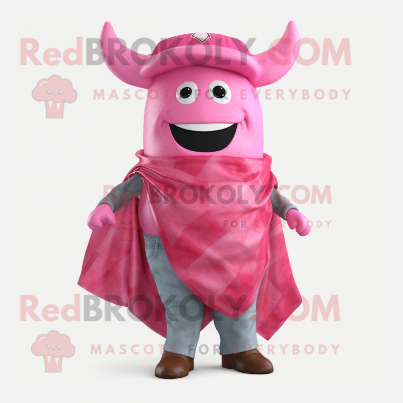 Pink Steak mascot costume character dressed with a Jeans and Wraps