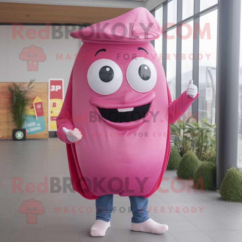 Pink Steak mascot costume character dressed with a Jeans and Wraps