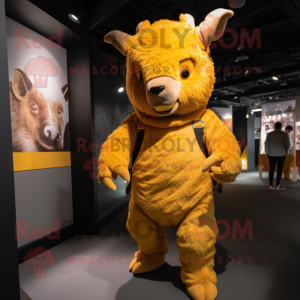 Gold Woolly Rhinoceros mascot costume character dressed with a Overalls and Cummerbunds