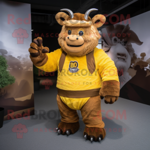 Gold Woolly Rhinoceros mascot costume character dressed with a Overalls and Cummerbunds