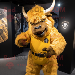 Gold Woolly Rhinoceros mascot costume character dressed with a Overalls and Cummerbunds