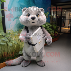 Silver Otter mascot costume character dressed with a T-Shirt and Clutch bags