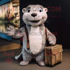 Silver Otter mascot costume character dressed with a T-Shirt and Clutch bags