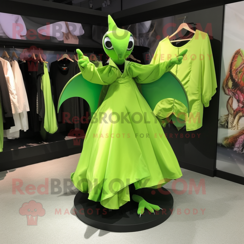 Lime Green Pterodactyl mascot costume character dressed with a Ball Gown and Backpacks