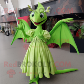 Lime Green Pterodactyl mascot costume character dressed with a Ball Gown and Backpacks